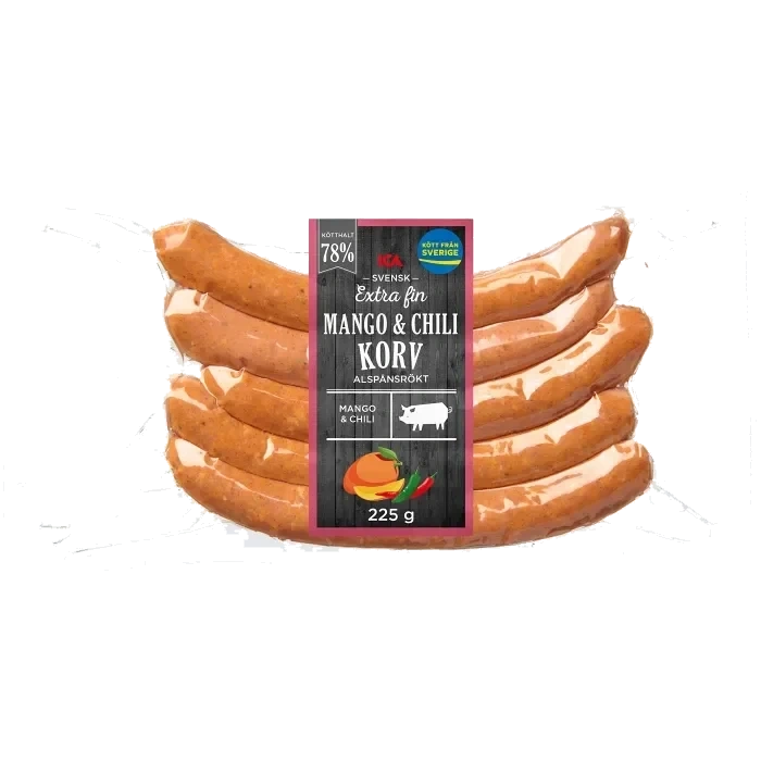 Grillkorv Mango och Chili Extra Fin 78% Kötthalt 225g ICA