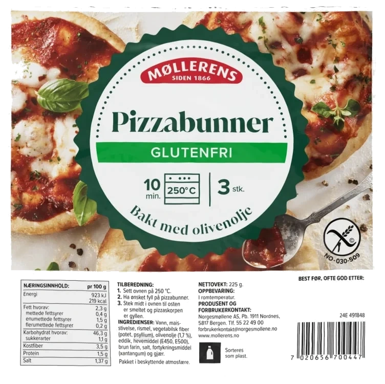 Pizzabunner Mini glutenfri 3stk 225g Møllerens