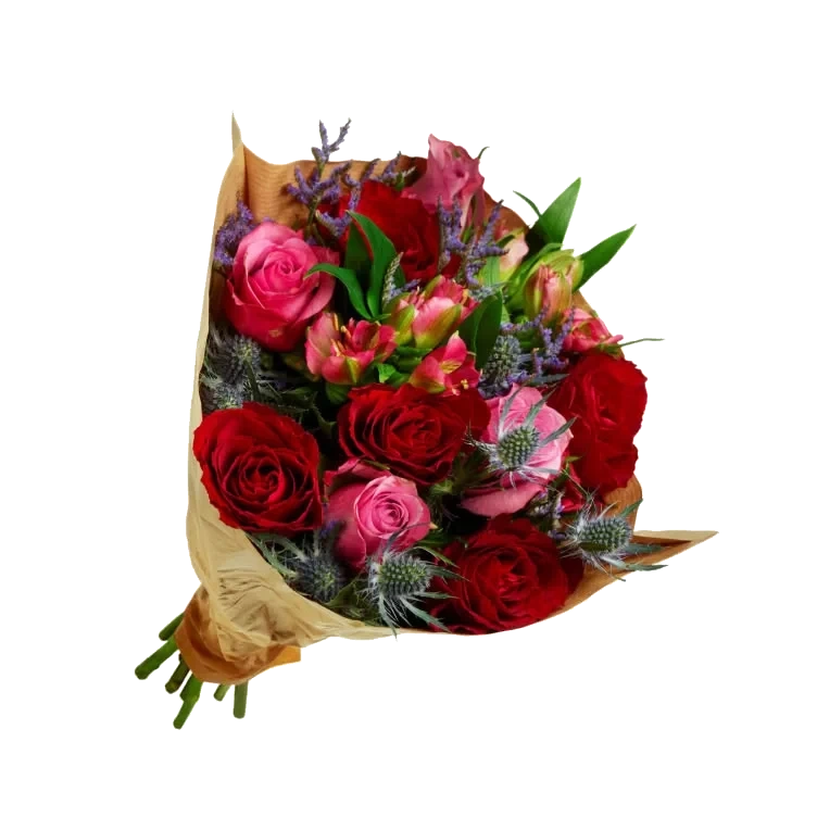 Helgebukett Roser Alstromeria Eryngium Limonium