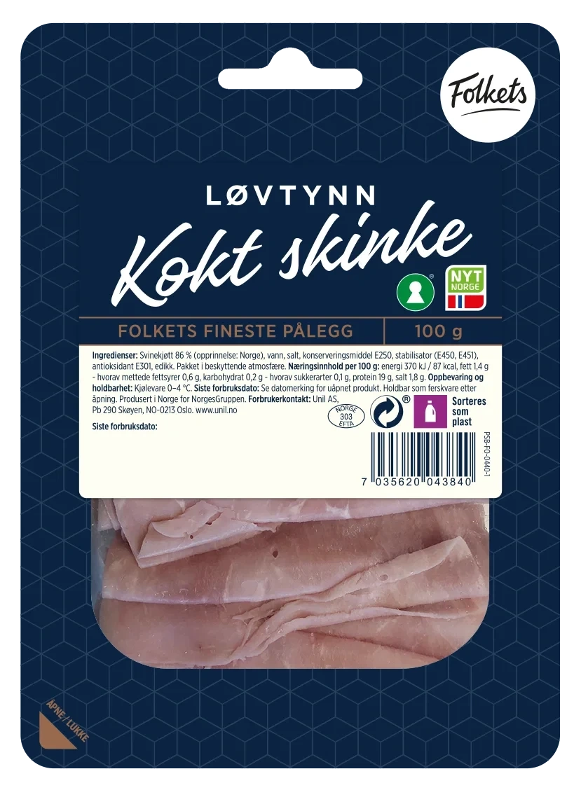 Kokt Skinke Løvtynne skiver 100g Folkets