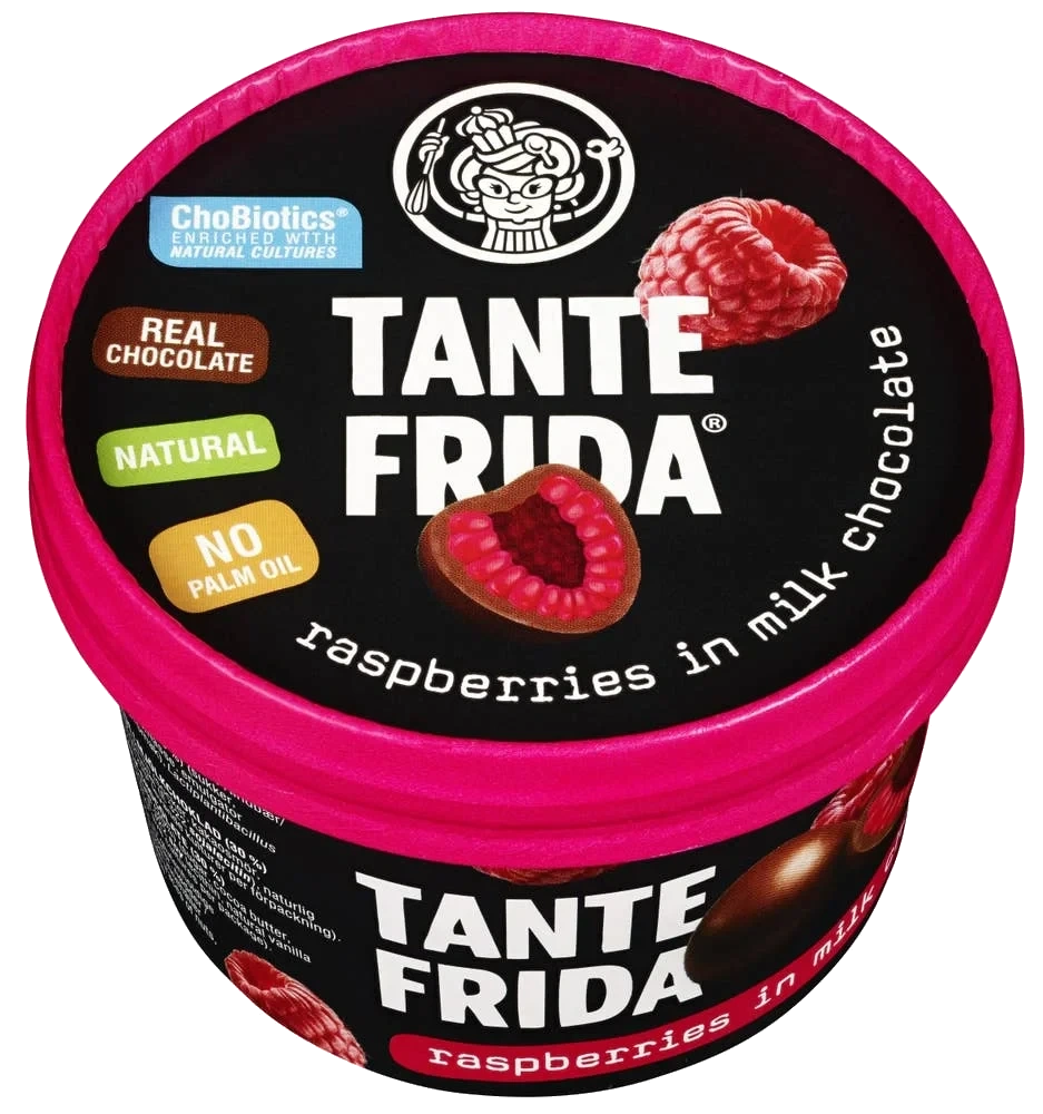 Frosne bringebær med melkesjokolade