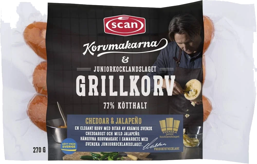 Grillkorv Cheddar & Jalapeno Kötthalt 77% 3-p