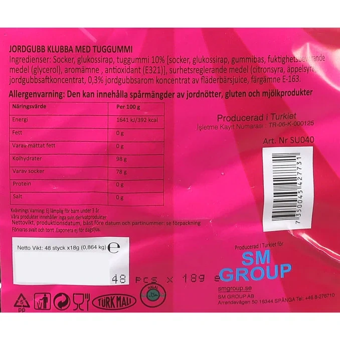 Jordgubbsklubba Tuggummi 48-pack