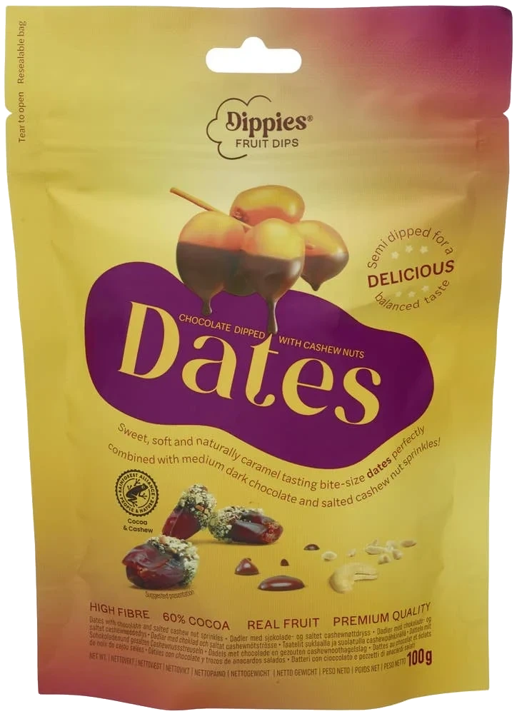 Tørkede dadler dyppet i sjokolade og cashewstrøssel