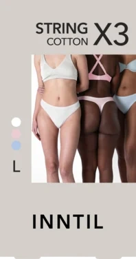 Women's String, 3-pack, White/light Blue/light Pink, L
