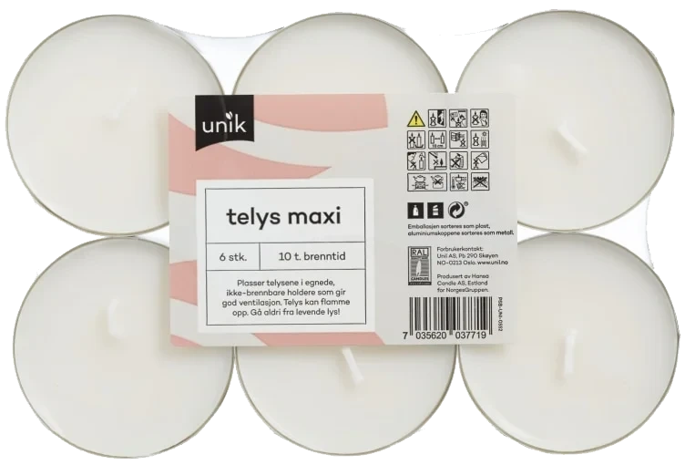 Telys Hvit Store 10t 6stk Unik