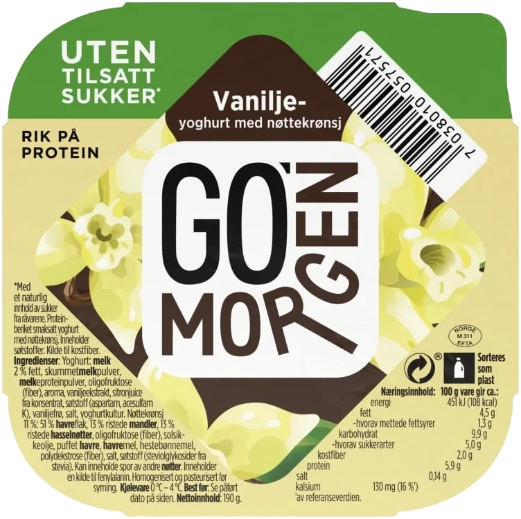 Go'morgen Yoghurt U Vanilje M Nøttekr 190g