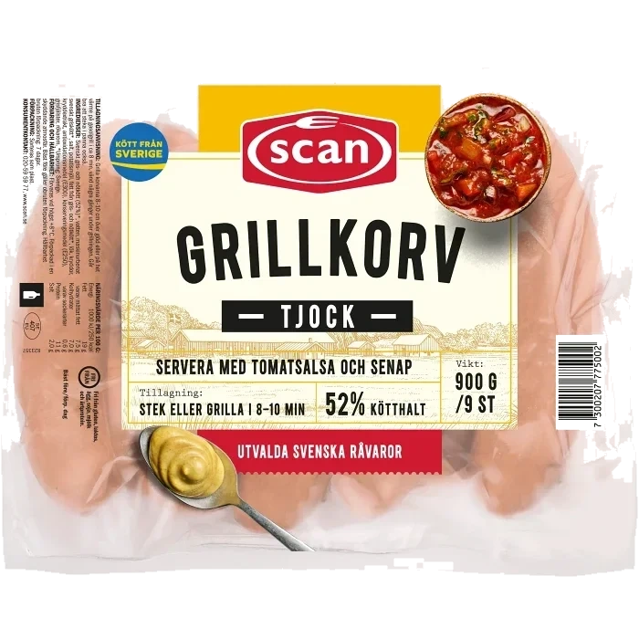 Grillkorv Tjock 52% Kötthalt 900g Scan