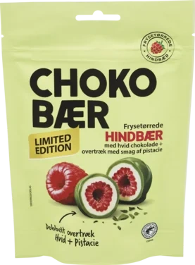 Choko Bær Hindbær m/hvid Chokolade og Overtræk m/pistaciesmag 80g