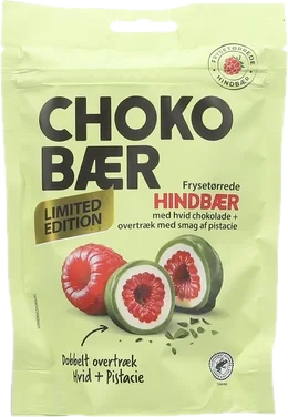 Choko Bær Hindbær m/hvid Chokolade og Overtræk m/pistaciesmag 80g