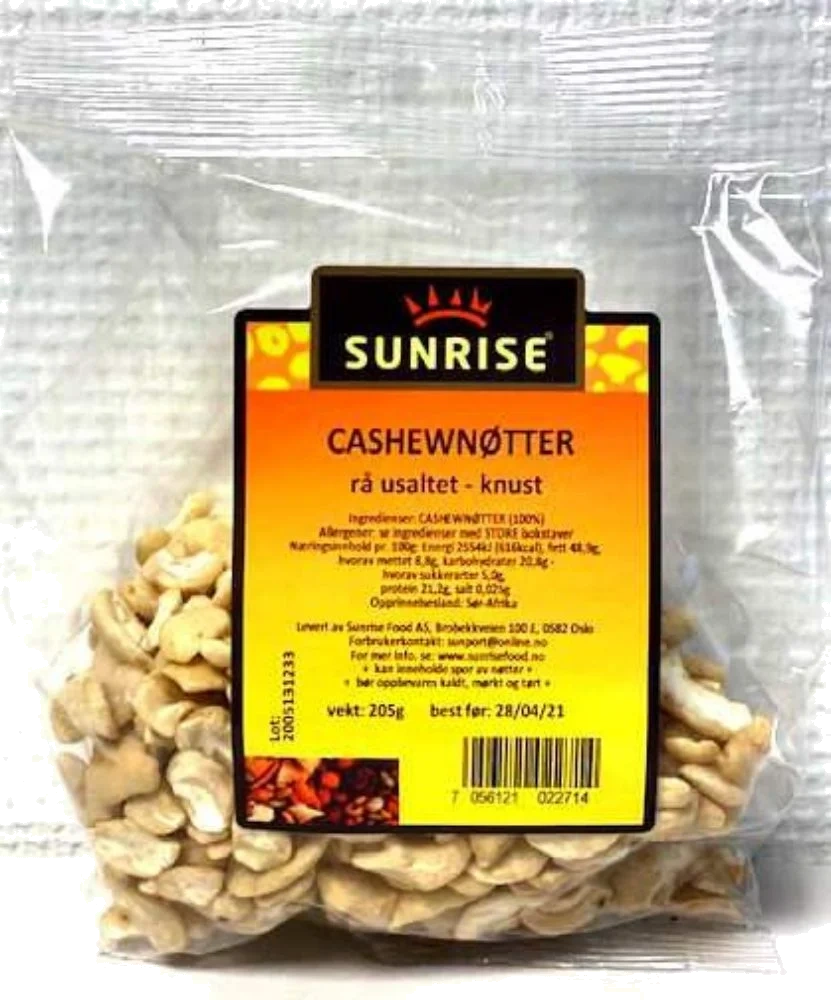 Sunrise Cashewnøtter Rå Ubehandlet 205g
