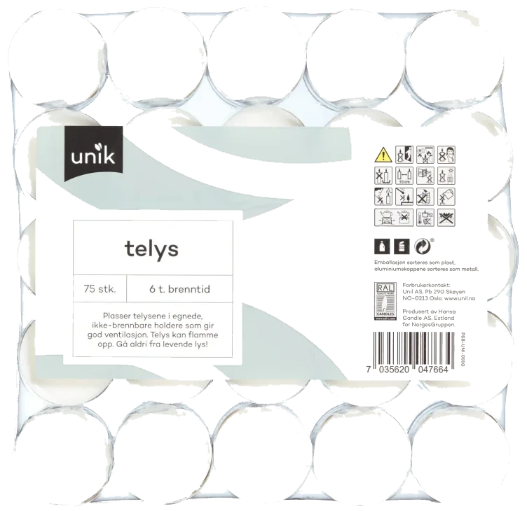 Telys Hvit 6t 75stk Unik
