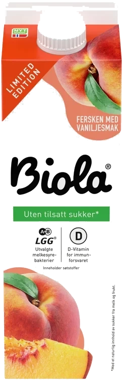 Biola Syrnet Melk Fersken/Vanilje uten 1000g Tine