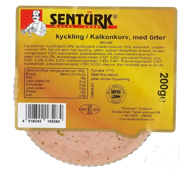 Kyckling Kalkonkorv med örter skivad 200g Sentürk
