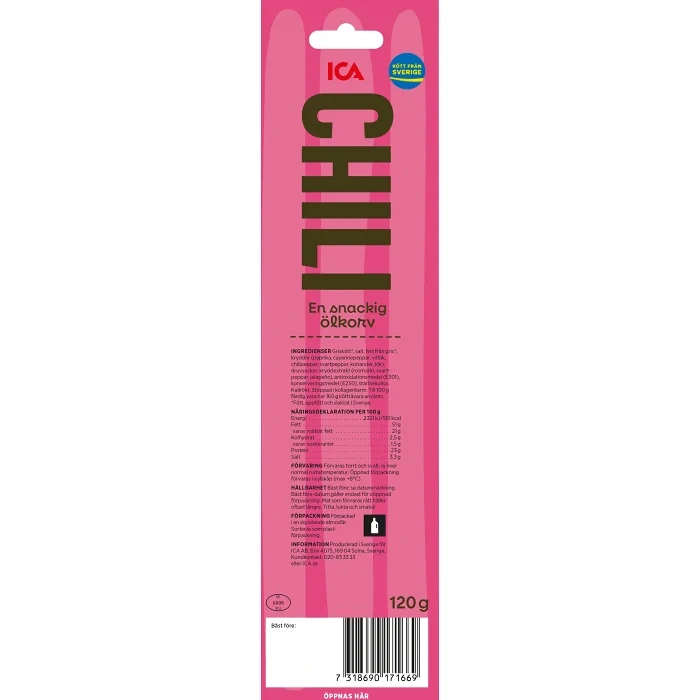 Ölkorv Chili mellanstark och kryddig 3-p 120g ICA