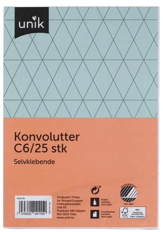 Konvolutt C6 Selvklebende 25stk Unik