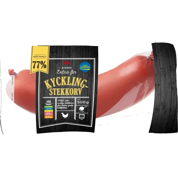 Stekkorv Kyckling Extra fin 77% Kötthalt 500g ICA