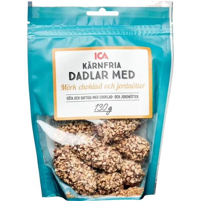 Dadlar mörk choklad jordnötter 130g Klass 1 ICA