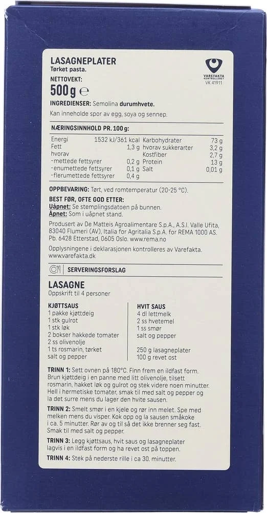 LASAGNEPLATER 500G R