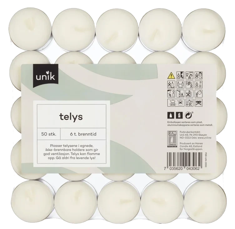 Telys Hvit 6t 50stk Unik