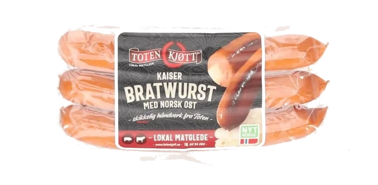 Kaiser Bratwürst med Ost 230g Toten Kjøtt