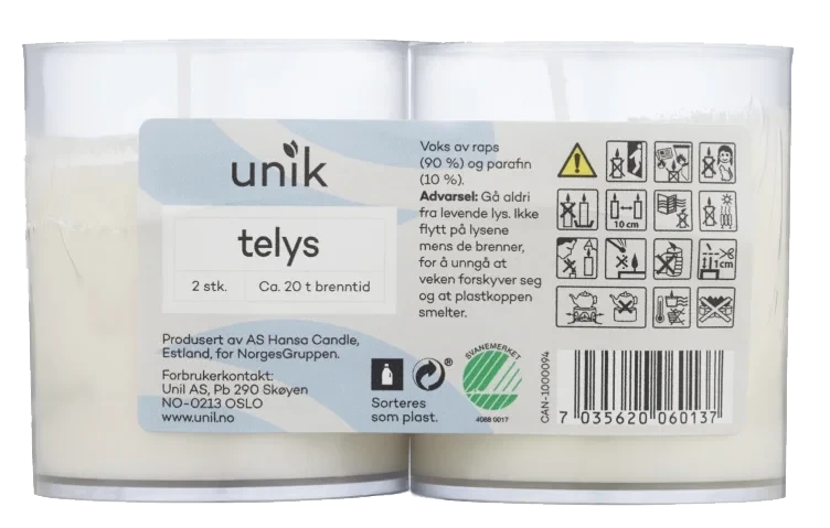 Telys 20t i Klar Kopp 2stk Unik