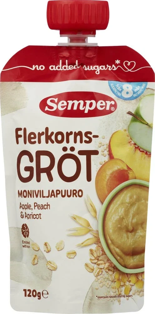 Økologisk flerkornsgrøt med eple, fersken og aprikos