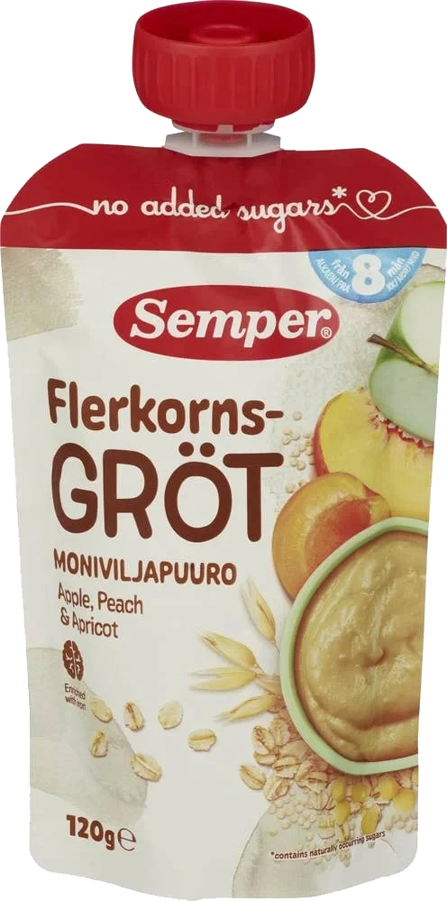 Økologisk flerkornsgrøt med eple, fersken og aprikos