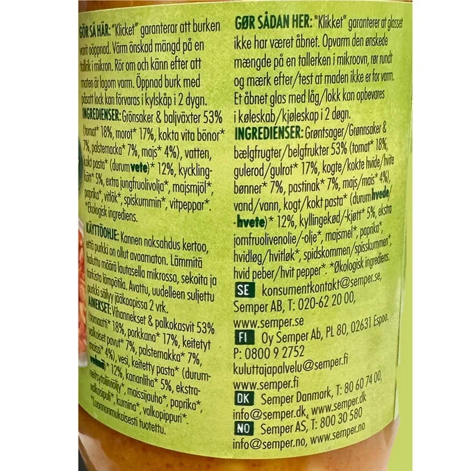 Barnmat Pasta, Kyckling & Bönor 12-pack