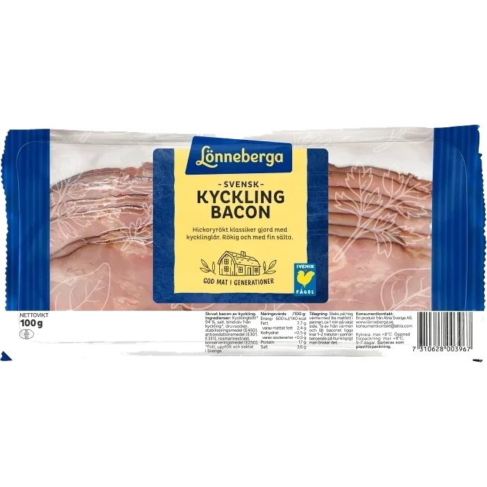 Kycklingbacon Skivad 94% Kötthalt 100g Lönneberga