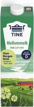 Mellommelk Melk 2% Fett 1l Tine