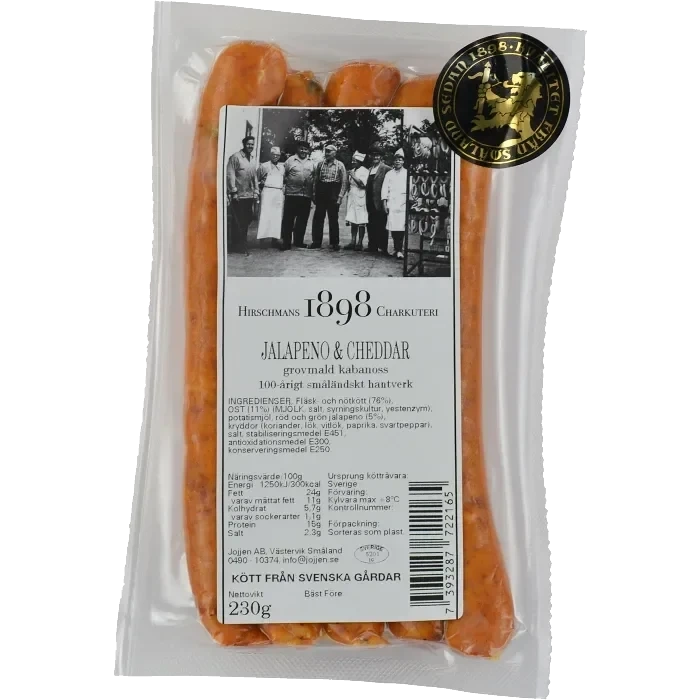 Kryddkorv Kabanoss grovmald Jalapeno/Cheddar/Kabanoss 230g Hirschmans Charkuteri