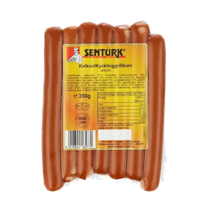 Kalkon Kycklinggrillkorv skinnfri 350g Sentürk