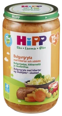 Hipp Bulgur og Grønnsakspanne med Kikærter og Biff 12mdr 250g