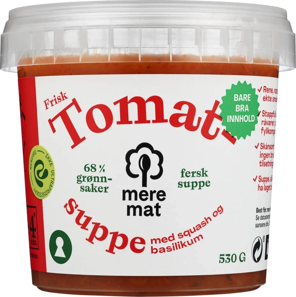 Suppe med tomat, squash og basilikum