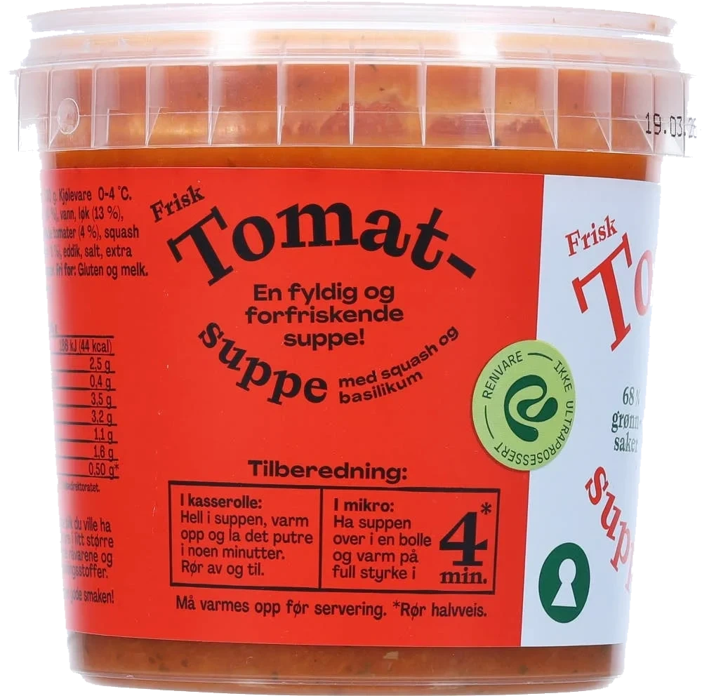 Suppe med tomat, squash og basilikum
