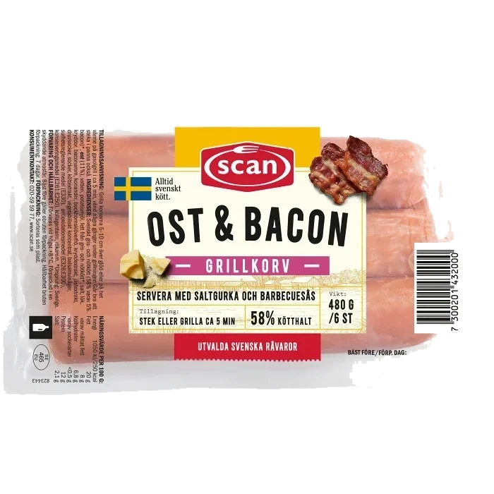 Grillkorv Bacon och Ost 59% Kötthalt 480g Scan