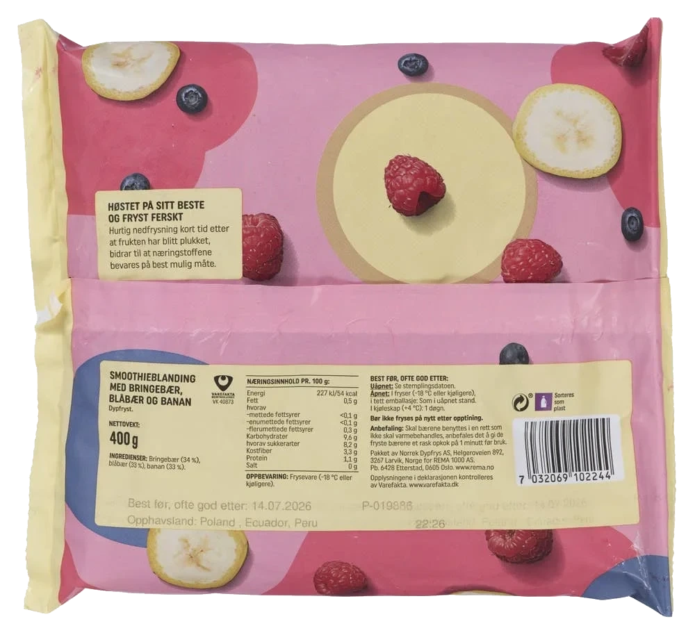 Smoothieblanding bringebær & blåbær
