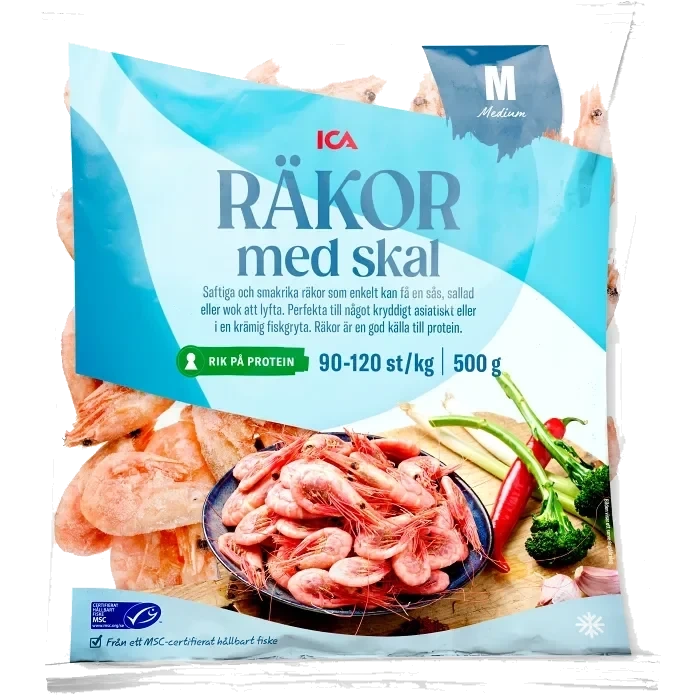 Räkor med skal 90/120 Fryst 500g MSC ICA
