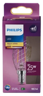 Led Classic 25w E14 Filament Vridd Mignon Varmhvitt Lys Klar Philips
