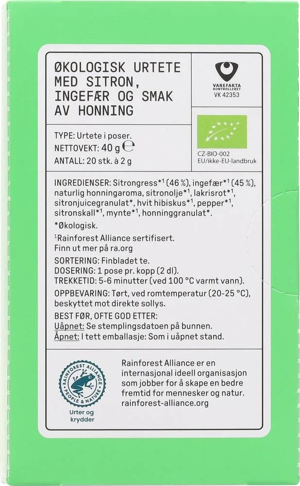 Økologisk sitron- og ingefærte