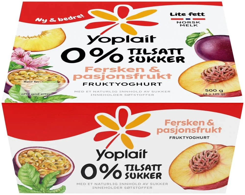 Yoplait Double 0% Fersken/pasjon 4pk 125g
