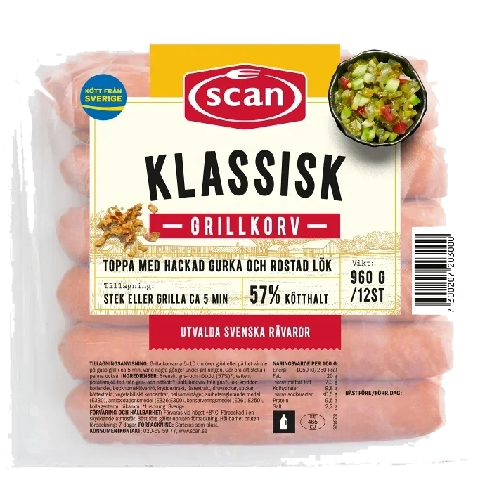Grillkorv Klassisk 57% Kötthalt 960g Scan