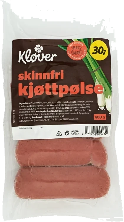 KJØTTPØLSE SKINNFRI 400 g Kløver