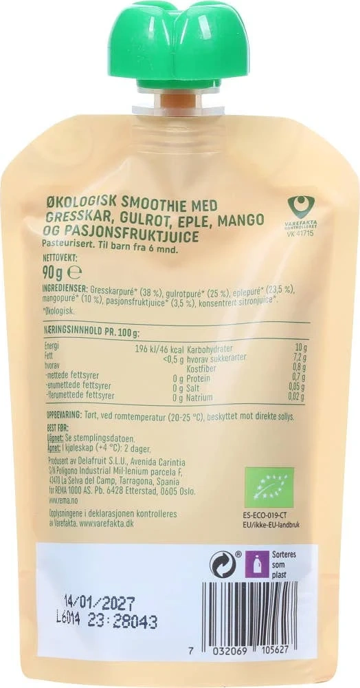 Økologisk smoothie med gresskar, gulrot og mango