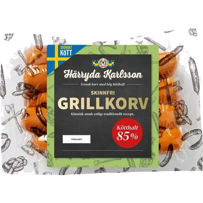 Grillkorv Skinnfri 85% Kötthalt 400g Härryda Karlsson