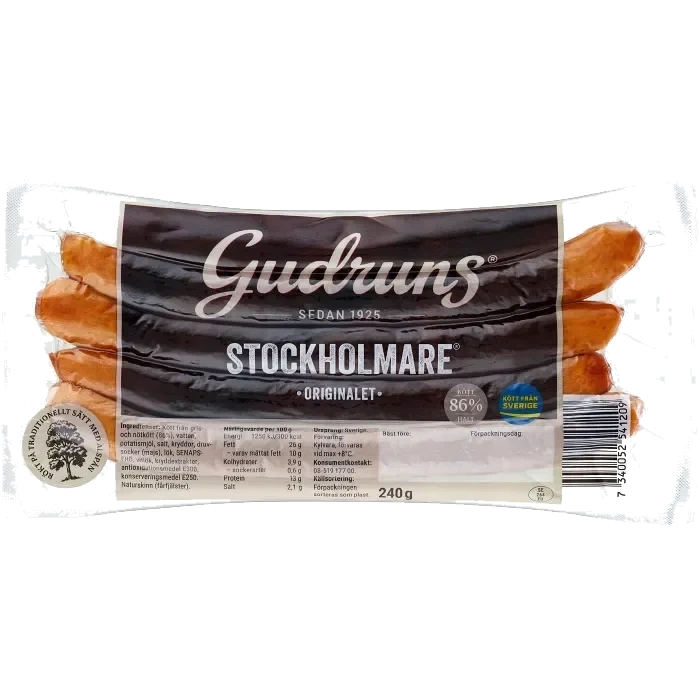 Grillkorv Stockholmare Original 86% Kötthalt 240g Gudruns