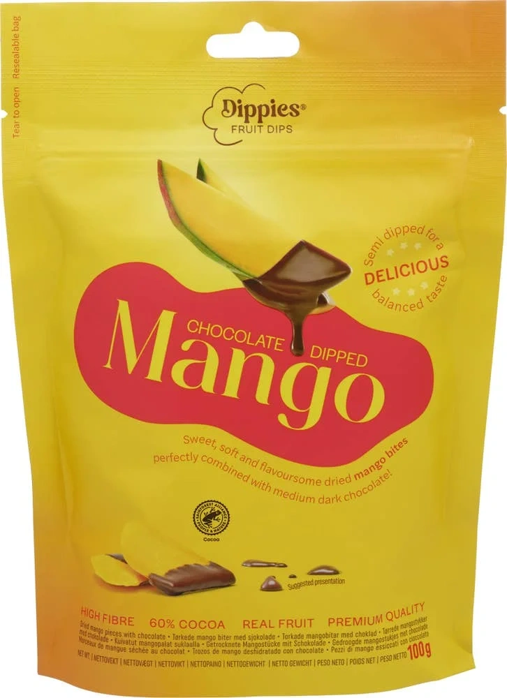 Tørket mango dyppet i sjokolade