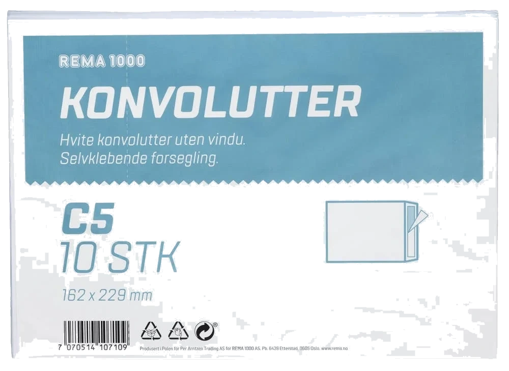 Konvolutter C5 Hvit, 10 stk