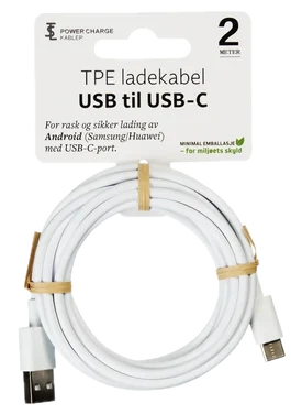 2 m Usb C Hvit Ladekabel
